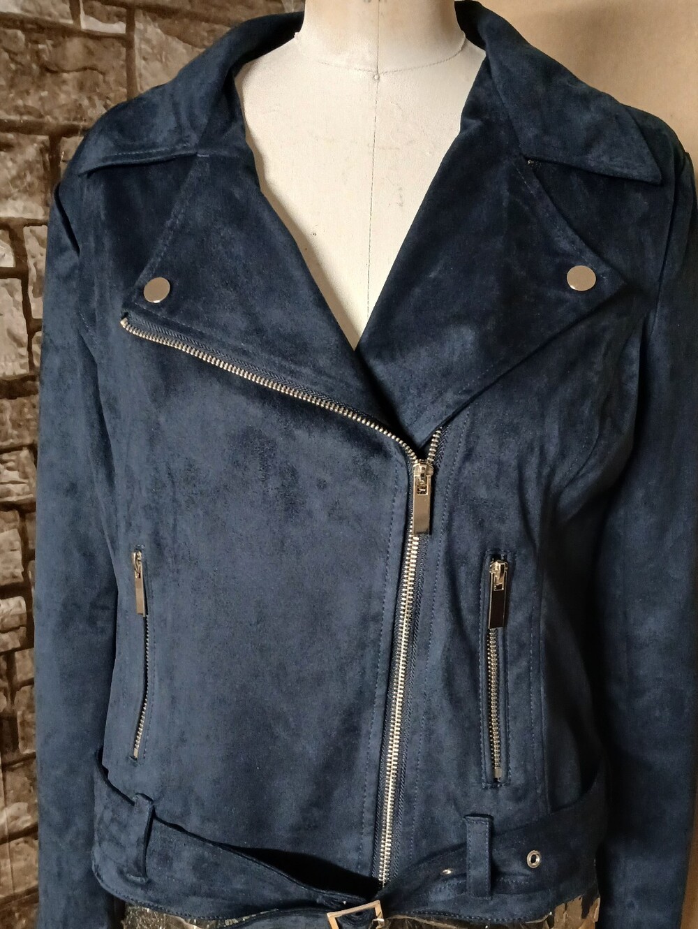 Wildflowers Navy Satin-Lined Faux Suede Moto Cropped Belted Jacket Size Medium